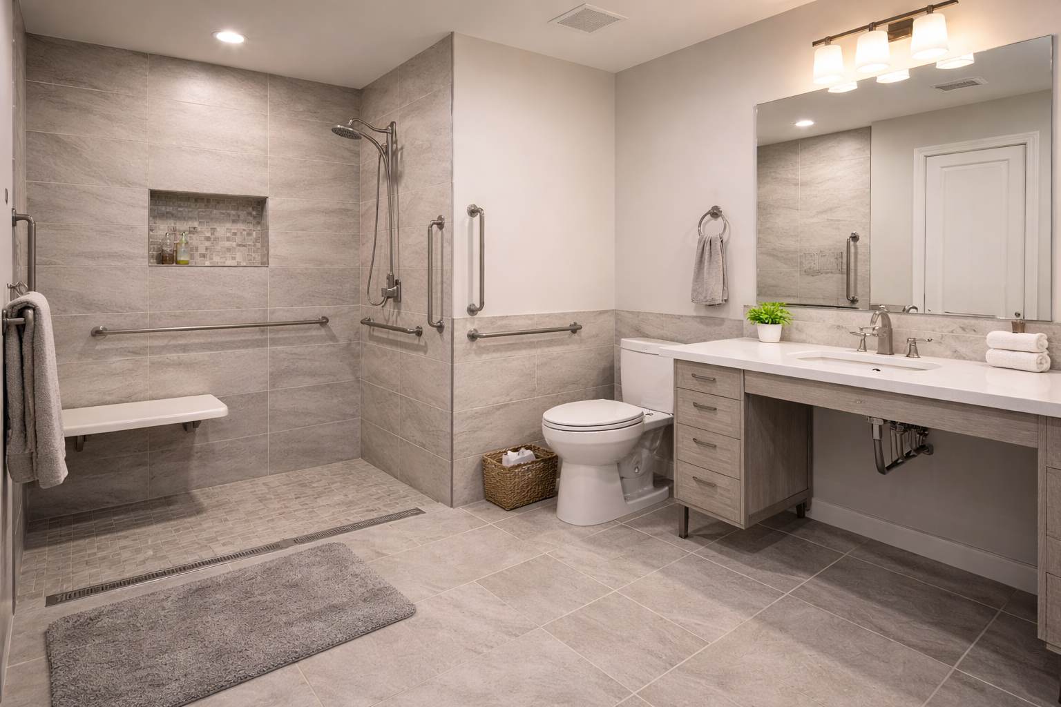 ADA-compliant curbless shower with grab bars and roll-under vanity in Sun Lakes accessible bathroom remodel, Chandler AZ