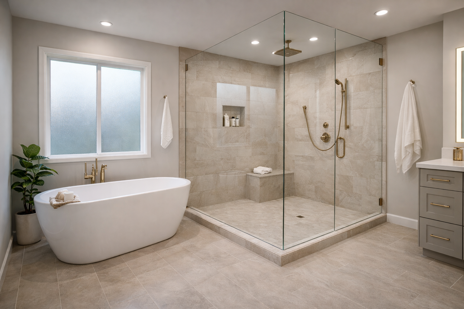 Frameless glass walk-in shower with rainfall head and freestanding soaking tub in Gilbert AZ primary suite bathroom remodel