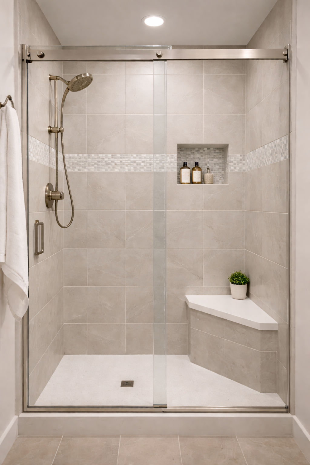 Tub-to-shower conversion with large-format tile and frameless glass enclosure in Mesa AZ bathroom remodel