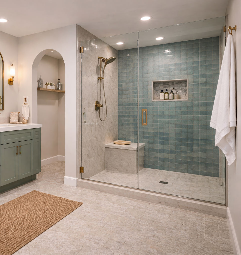 Walk-in shower conversion with frameless glass and large-format tile in Scottsdale AZ bathroom remodel
