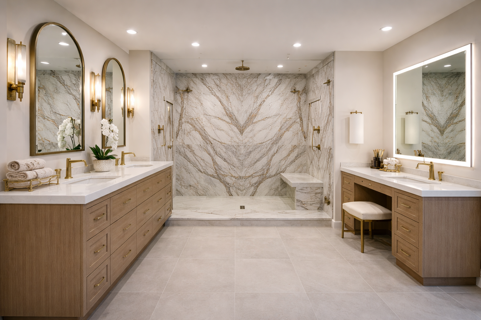 Book-matched Calacatta marble steam shower with freestanding soaking tub and heated floors in Scottsdale AZ spa bathroom remodel