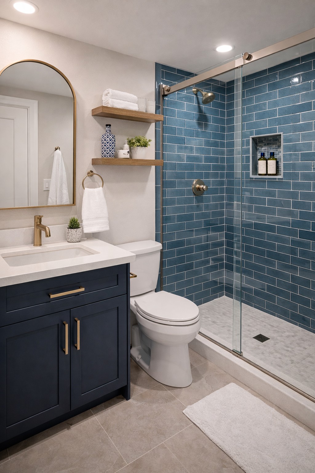 Compact bathroom remodel with wall-hung vanity, subway tile shower, and updated fixtures in Tempe AZ