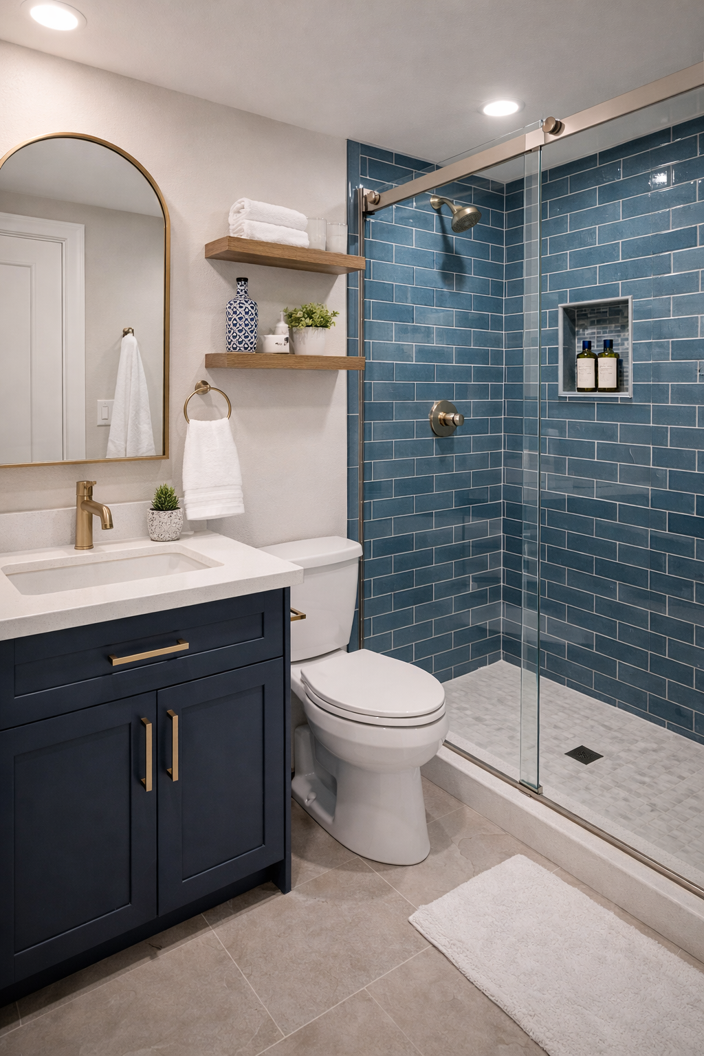 Compact bathroom remodel with wall-hung vanity, subway tile shower, and updated fixtures in Tempe AZ