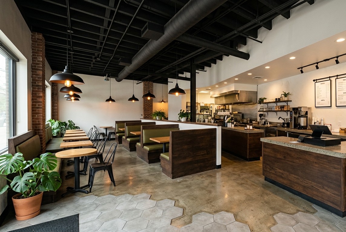 Restaurant interior buildout in Phoenix AZ with dining room finishes, service counter, and commercial kitchen coordination