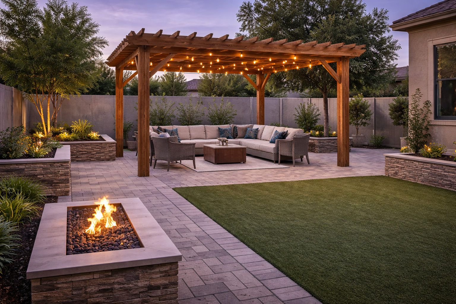 Belgard paver patio with cedar pergola, synthetic turf, and linear gas fire bowl in Gilbert AZ backyard transformation