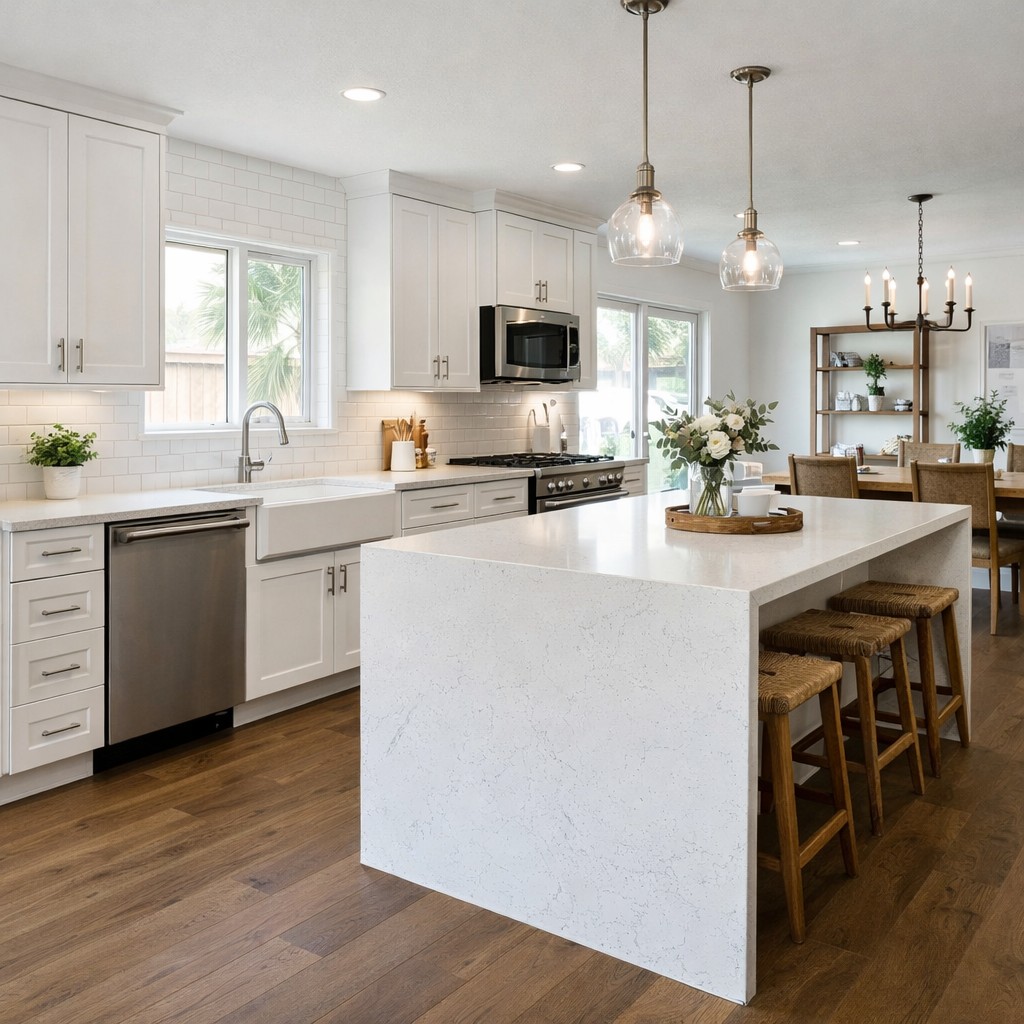 White shaker kitchen with quartz waterfall island in Gilbert AZ — countertop material comparison