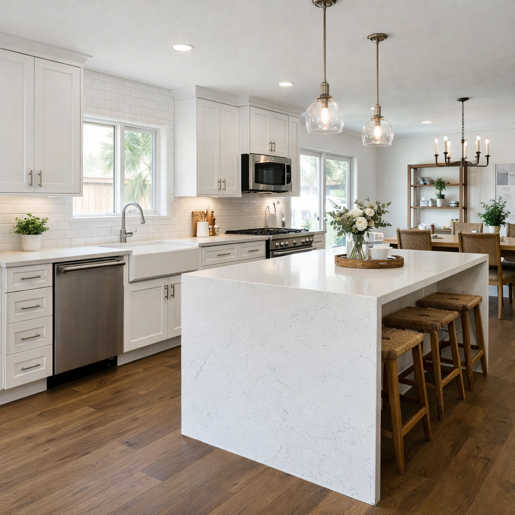 Completed white shaker kitchen remodel with quartz waterfall island in Gilbert AZ by Cosmo Construction