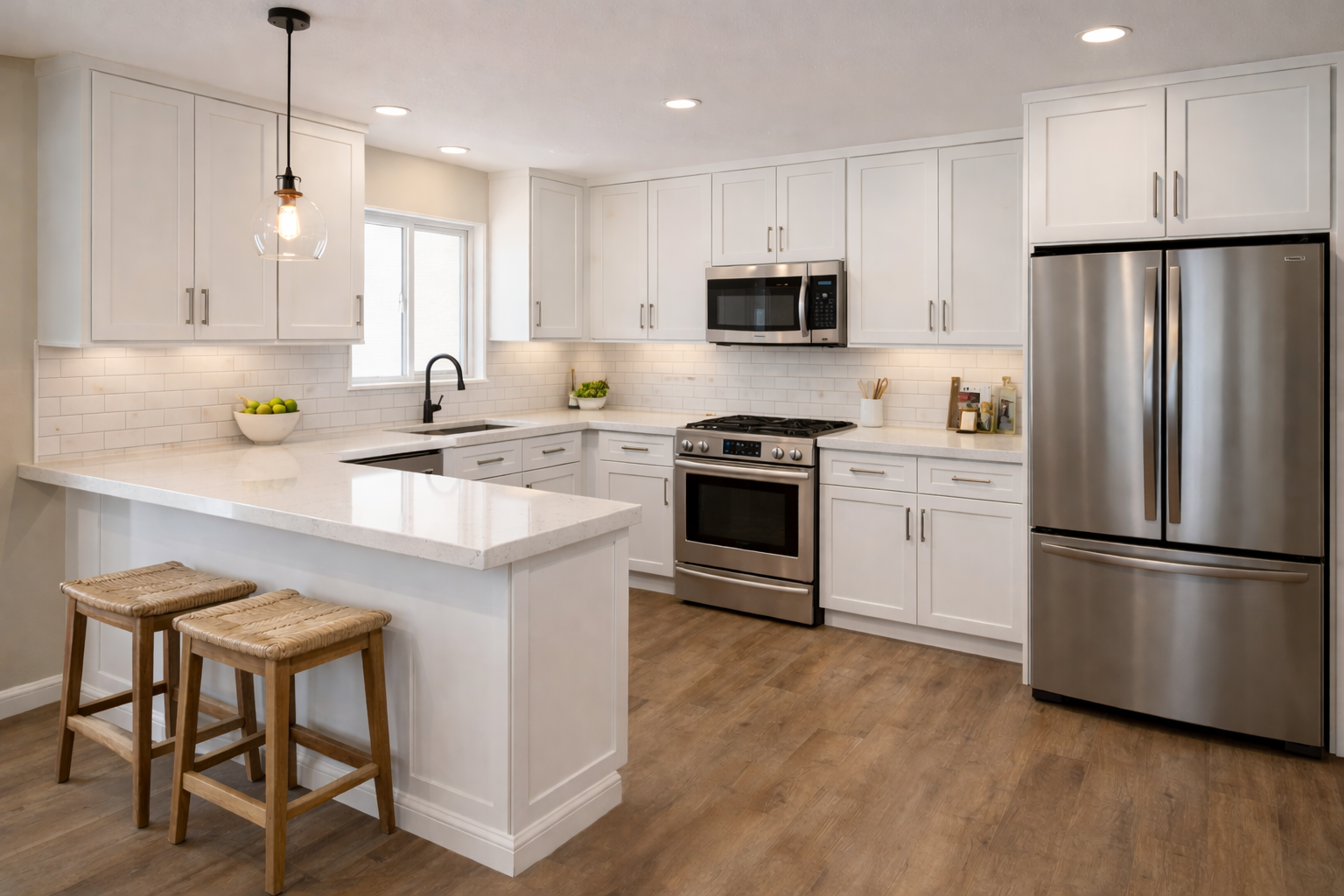 Budget kitchen refresh with refaced cabinetry, white quartz countertops, and subway tile backsplash in Mesa AZ