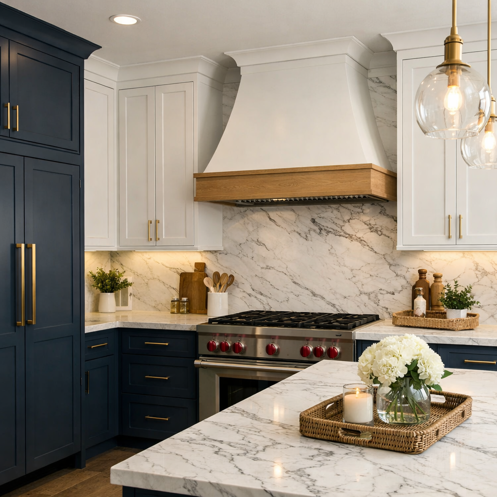 Two-tone navy and white kitchen in Chandler AZ showing 2026 design trends