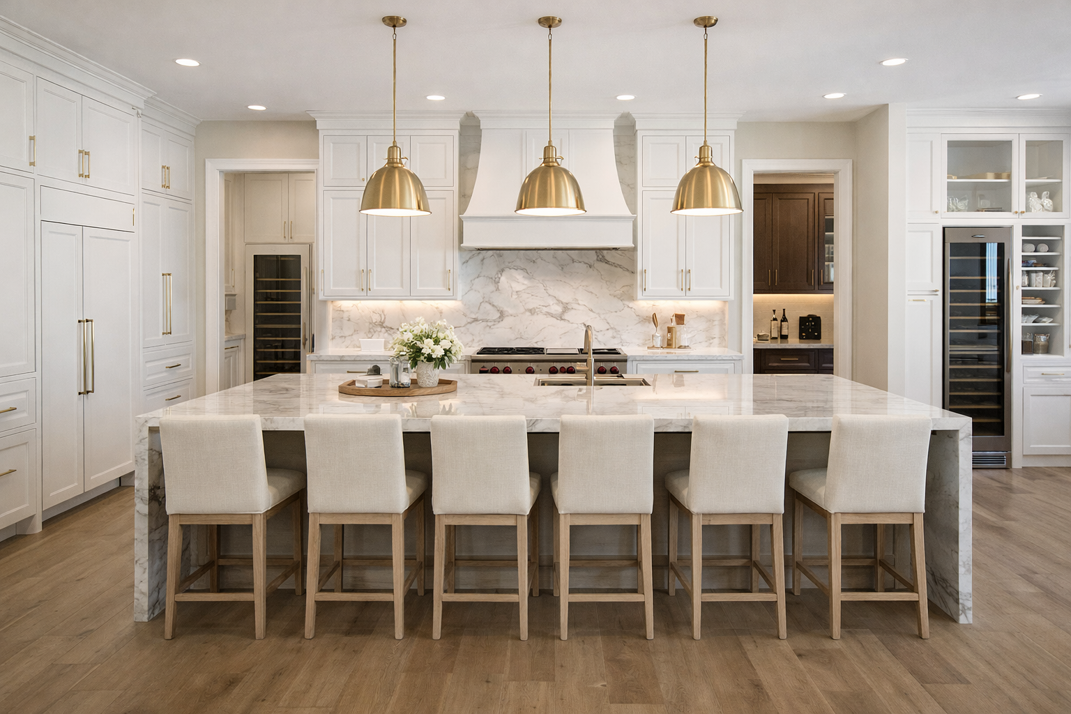 Full custom cabinetry to ceiling height with quartzite countertops and Wolf range in North Scottsdale luxury kitchen remodel