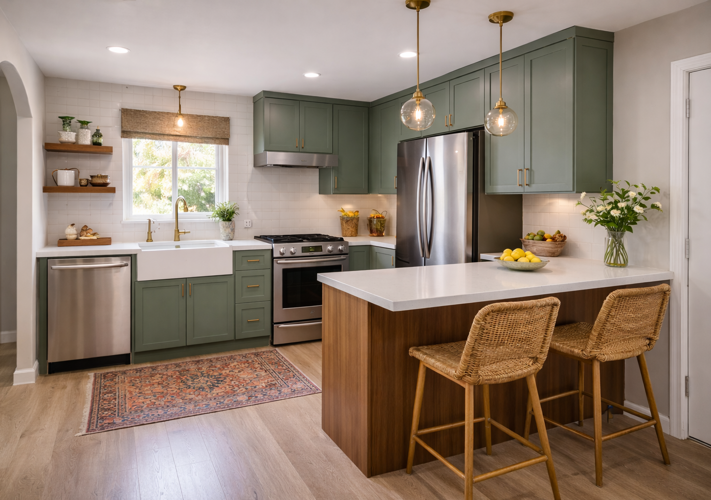 Minimal modern kitchen remodel with white cabinets, quartz countertops, and open layout in Tempe AZ