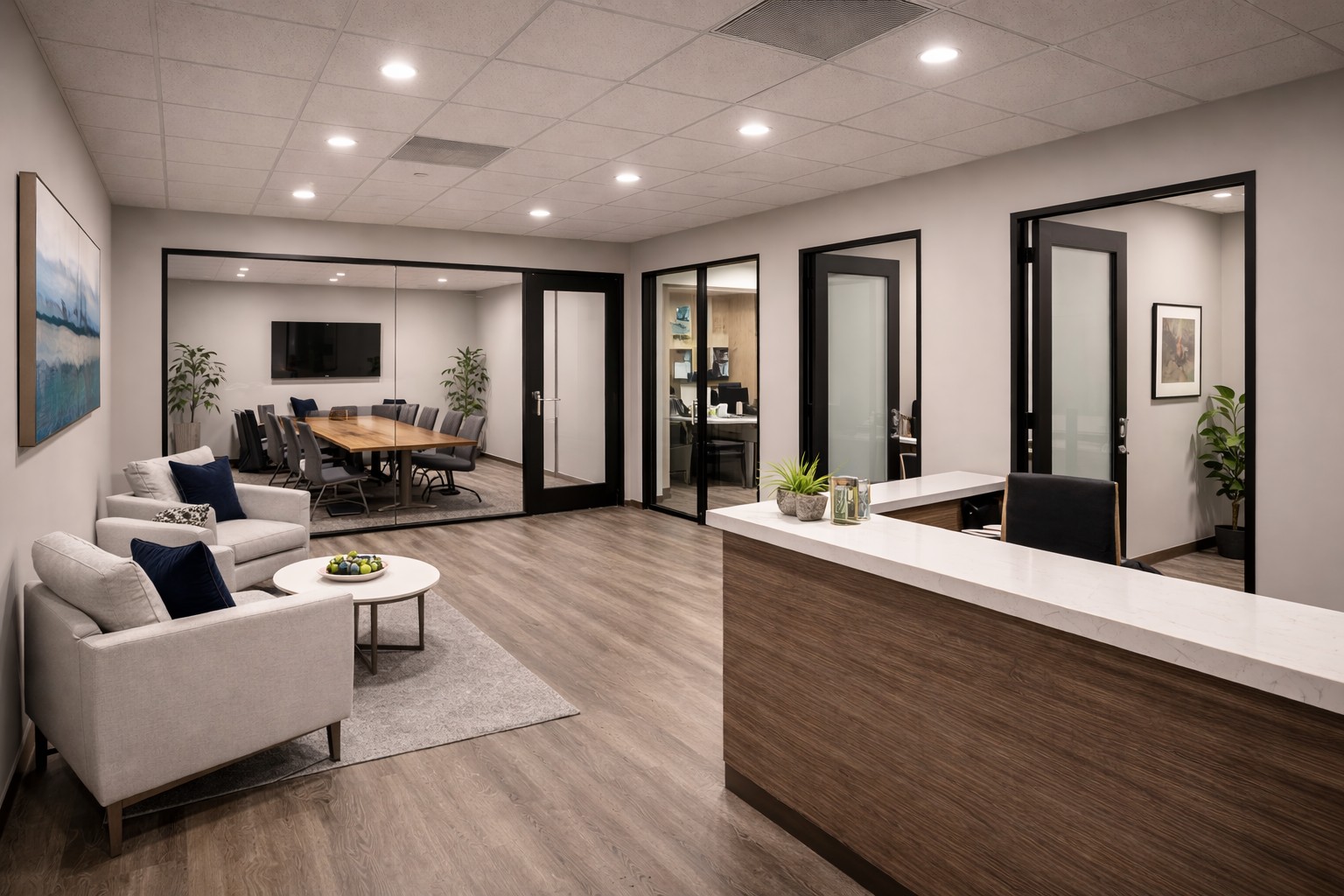 Commercial office suite commercial remodeling with private offices, conference room, and ADA restroom in Chandler AZ
